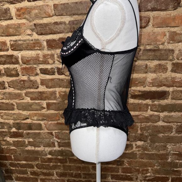 Vintage Black Fish Net Teddy Lingerie white Satin ribbon Bustier Sz M Burlesque - Picture 3 of 9